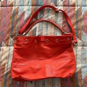 Bold Red Perforated Women's Shoulder Bag with Braided Handle